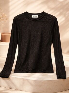 DKNY Black Sheer Mesh Long Sleeve Top Size L Great Condition Crewneck Knit